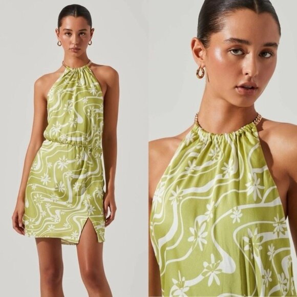 NEW ASTR The Label Quinta Retro Halter Chain Mini Dress M Celery Floral Mabel - Picture 1 of 11